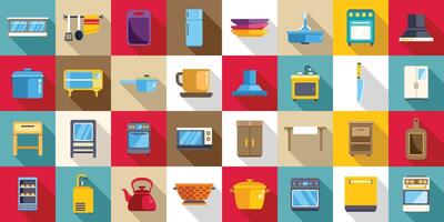Restaurant kitchen interior icons set. Kitchen equipment and appliances icons showing cooking utensils and interior design elements vector