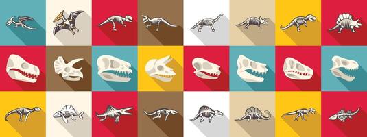 Dinosaur skeleton icons set. Dinosaur skeletons and skulls with drop shadow icons set vector
