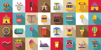 Funfair icons set. Colorful amusement park icons showing entertainment and food stalls vector