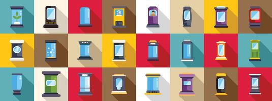 Cryogenic capsule icons set. Cryogenic chambers showing different stages of cryopreservation in flat design vector