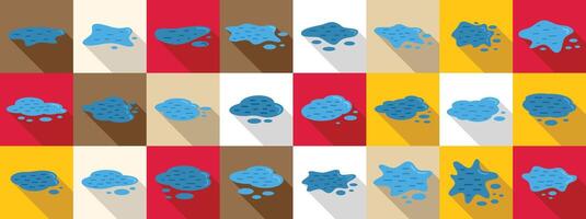 Water puddle icons set. Set of various water puddles with shadows on colorful backgrounds vector