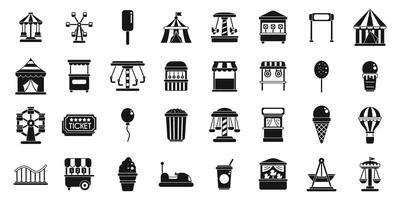 Funfair icons set. Amusement park entertainment showing rides and food stalls icons set simple style vector