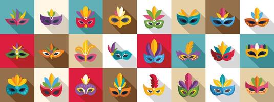 Face mask feathers icons set. Collection of colorful carnival masks with feathers for celebration and festivities vector