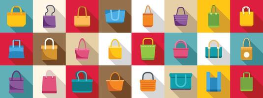 Reusable market shopper icons set. Collection of various colorful tote bags with short and long handles vector