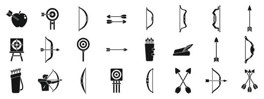 Archery shoot weapon icons set. Archer shooting with bow aiming at target icon set. Glyph style vector