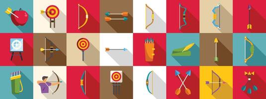 Archery shoot weapon icons set. Archer aiming with bow and arrow at target with apple icon set. Flat style vector