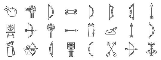 Archery shoot weapon icons set. Set of archery and bow hunting line icons featuring bows and arrows vector