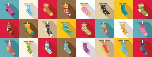 Clothesline sock icons set. Colorful socks hanging on clothesline forming seamless pattern vector