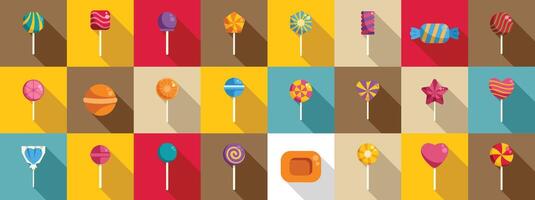 Lolipop icons set. Collection of various flavors and shapes of lollipops with long shadows vector