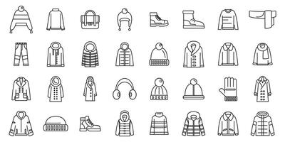 Wardrobe winter icons set. Winter clothes collection featuring jackets, hats, and boots for cold weather vector