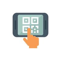 Person holding smartphone scanning qr code with finger vector