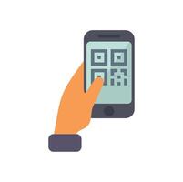 Person holding smartphone scanning qr code with index finger vector
