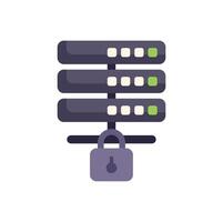 Server rack being secured with padlock icon in flat style vector