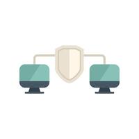 Two computers connected with shield icon symbolizing secure network vector