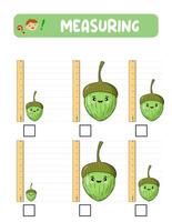 Measuring length with ruler. Education developing worksheet. practice sheets. Acorn measurement in inches vector