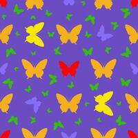Seamless pattern with a silhouette of a multicolored butterfly on a purple background. vector