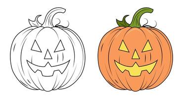 A set of contoured and colored pumpkins. Scary pumpkin for Halloween. Coloring book vector