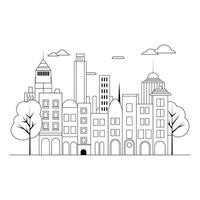 Outline Illustration in a simple, minimal geometric style - a cityscape with buildings and trees, presented as a horizontal banner. vector