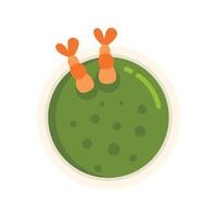 Green pea soup with two shrimps in white plate top view vector illustration