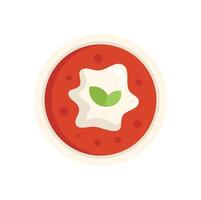 Tomato soup garnished with cream and basil flat icon vector