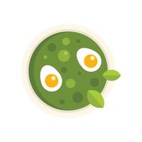 Green pea soup with eggs and spinach leaves on a plate vector