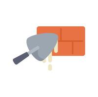 Trowel applying cement to brick wall for construction project vector