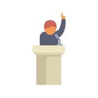 Politician speaking to crowd using microphone raising his finger while standing at tribune vector