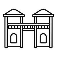 Double tower wooden playground structure connecting with bridge outline vector