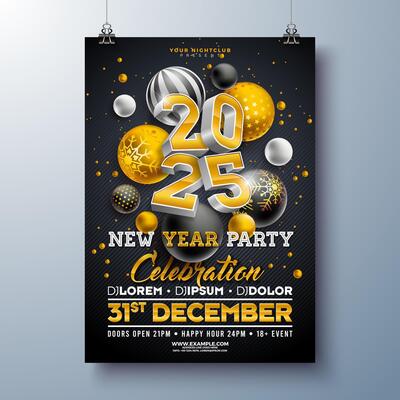 Happy New Year 2025 Party Celebration Poster Template Illustration with Golden Typography Lettering and Christmas Ball on Black Background. New Year Eve Holiday Flyer Design. Premium Invitation