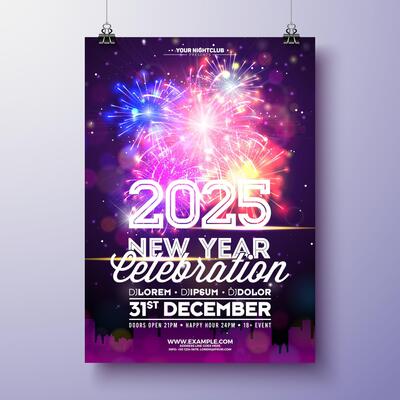 Happy New Year 2025 Party Celebration Poster Template Illustration with Typography Lettering on Glowing Firework Background. New Year Eve Holiday Design. Premium Invitation Flyer or Promo