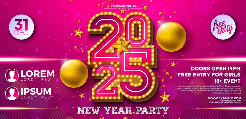 Happy New Year 2025 Party Banner Flyer Template Illustration with Glowing Light Bulb Billboard Number and Christmas Ball on Red Background. New Year Eve Holiday Celebration Poster Design