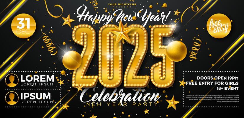 Happy New Year 2025 Party Celebration Banner Template Illustration with Glowing Light Bulb Billboard Number on Black Background. New Year Eve Holiday Design. Premium Invitation Flyer or Promo