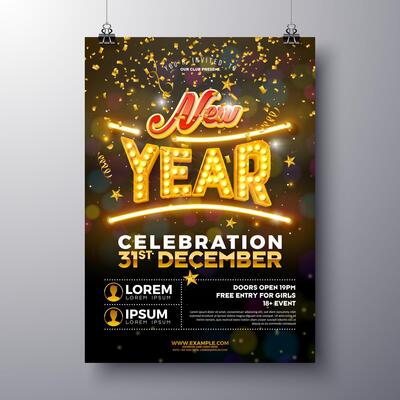 Happy New Year 2025 Party Celebration Flyer Template Design with Glowing Neon and Light Bulb Typography Lettering on Falling Confetti Background. New Year Eve and Christmas Holiday Poster