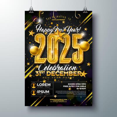Happy New Year 2025 Party Celebration Poster Template Illustration with Glowing Light Bulb Billboard Number on Black Background. New Year Eve Holiday Design. Premium Invitation Flyer or Promo
