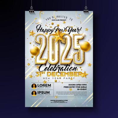 Happy New Year 2025 Party Celebration Poster Template Illustration with Glowing Light Bulb Billboard Number on White Background. New Year Eve Holiday Design. Premium Invitation Flyer or Promo