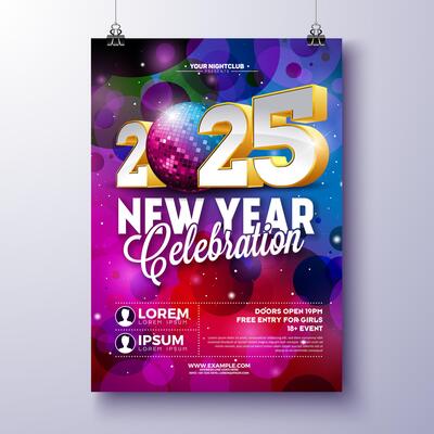 Happy New Year 2025 Party Celebration Poster Template Illustration with Shiny Disco Ball and 3d Typography Lettering on Colorful Background. New Year Eve Holiday Design. Premium Invitation