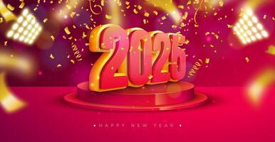 Happy New Year 2025 Illustration with 3d Number, Stage Podium and Falling Confetti on Red Background. Holiday Design with Typography Lettering for Flyer, Greeting Card, Banner, Celebration Poster vector