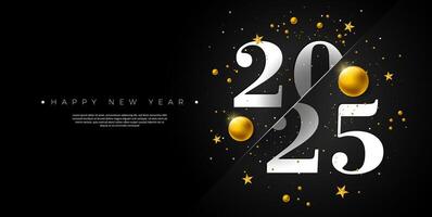 Happy New Year 2025 Banner Illustration with Number and Gold Christmas Ball on Black Background. Holiday Design with Typography Lettering for Flyer, Greeting Card, Celebration Poster, Party invitation vector