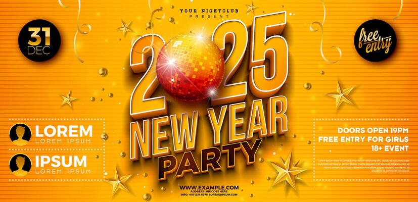 Happy New Year 2025 Party Celebration Banner Template Illustration with Shiny Disco Ball and 3d Typography Lettering on Yellow Background. New Year Eve Holiday Flyer Design. Premium Invitation