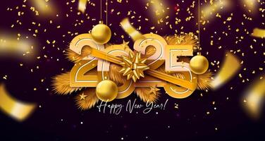 2025 Happy New Year Illustration with Golden Number, Christmas Ornament, Pine Branch and Falling Confetti on Dark Background. Holiday Design with Typography Lettering for Flyer, Banner, Greeting Card vector