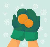 Tangerine is in mittens. Hands holding a mandarin. Winter background snowflakes vector