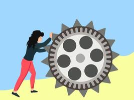 Woman rotates the mechanism of a system, concept of movement and power vector