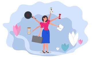 Woman with many tasks to do, multitasking conceptual drawing vector