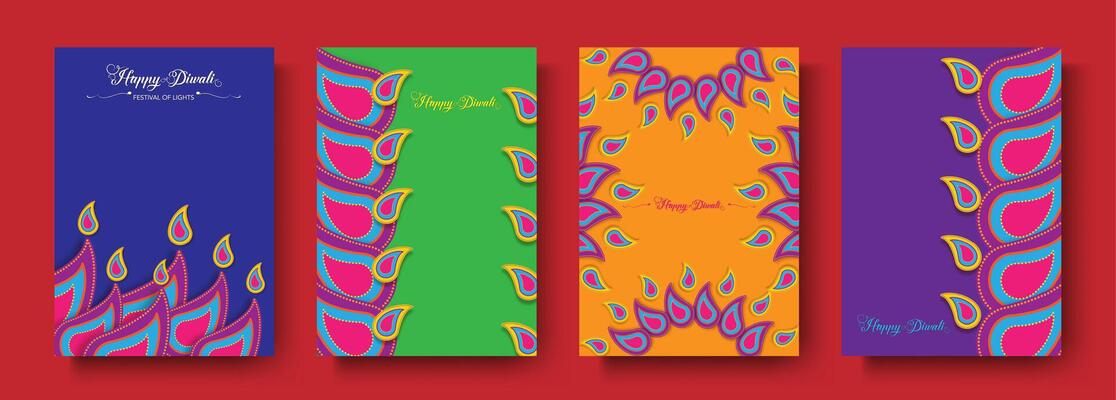 Happy Diwali Festival of Lights India Celebration set colorful template. Vertical banner design of Indian Diya Oil Lamps. of Indian Rangoli art style flowers design, cards paper cut background