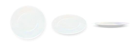 Plate. Set isolated white porcelain plates mockup in a realistic style on transparent background dining set of round dishes in different angles. vector