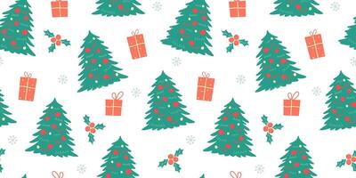 Seamless pattern with a festive Christmas tree with toys, gifts and snowflakes. Winter abstract print. vector
