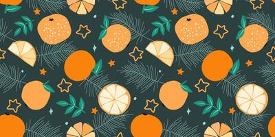 Seamless pattern with fruits, oranges, tangerines on a background of spruce branches, snowflakes and stars. Cozy winter edible print. vector