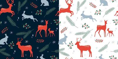 Seamless Pattern with winter forest and deer, hares on a background of fir branches, snowflakes. Animal print. vector