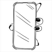 Female hand holding a phone with the screen forward. Illustration on a white background in line style. vector