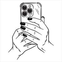 Female hands holding a phone. Taking a photo or looking at the screen. Illustration on a white background in line style. vector